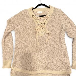 Elan Cream V-Neck Sweater with Lace-Up Design